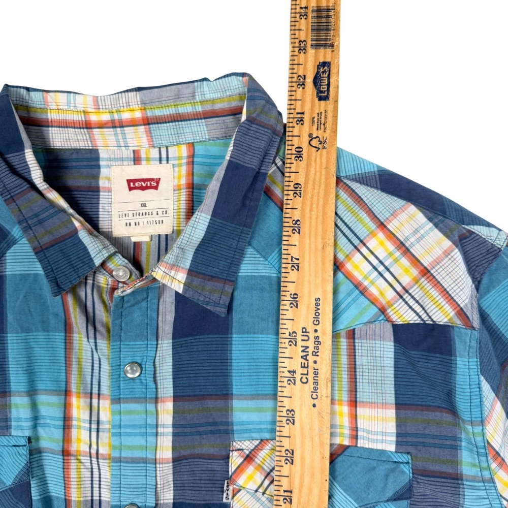 Levis Mens XXL Western Plaid Pearl Snap Button Shirt Blue Orange 2XL 3LYLW3302 - Picture 6 of 7